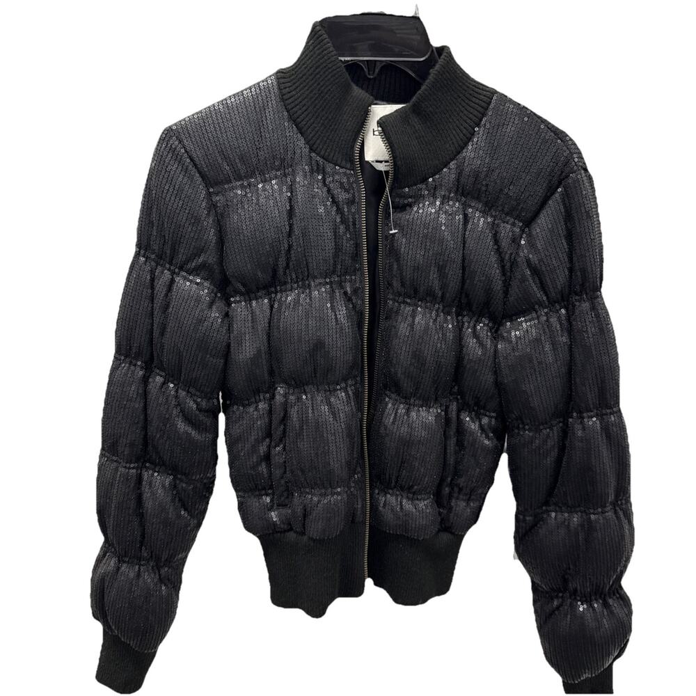 bebe New black puffer down cropped all sequins coat xs #105SS105-0019